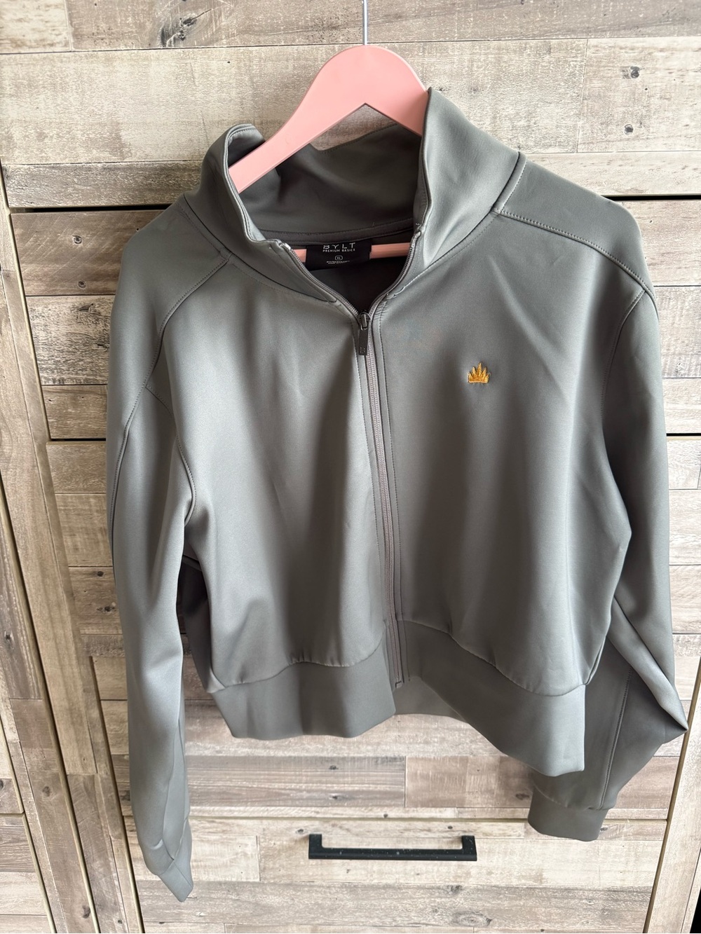 BYLT Basics Grey Zip-Up Bomber Jacket with Gold crown Logo